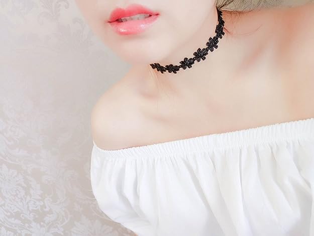 Combo Set of 7 Pieces Black Fabric Lace Collar  Necklace