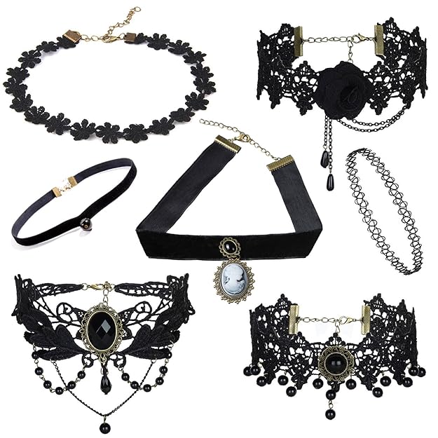 Combo Set of 7 Pieces Black Fabric Lace Collar  Necklace