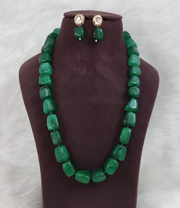 Green Tumble Gemstone Statement Mala Necklace with Earrings