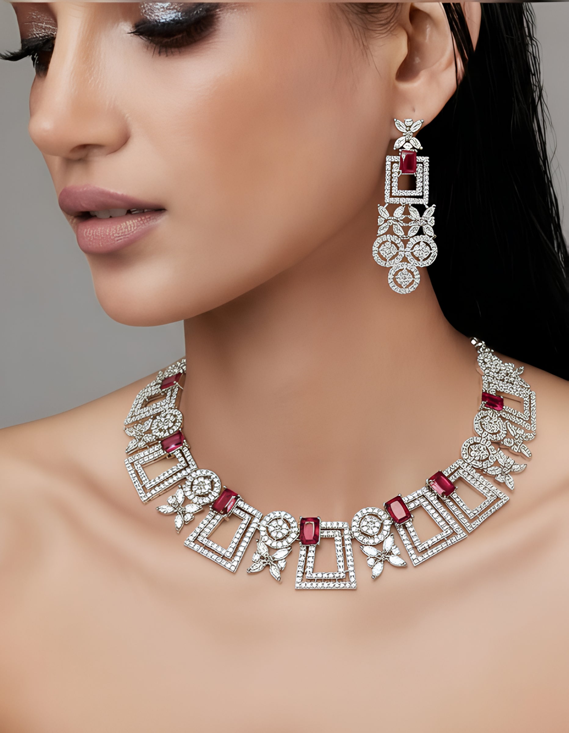 Rhodium-Plated CZ  Studded Necklace With Earrings Jewellery Set