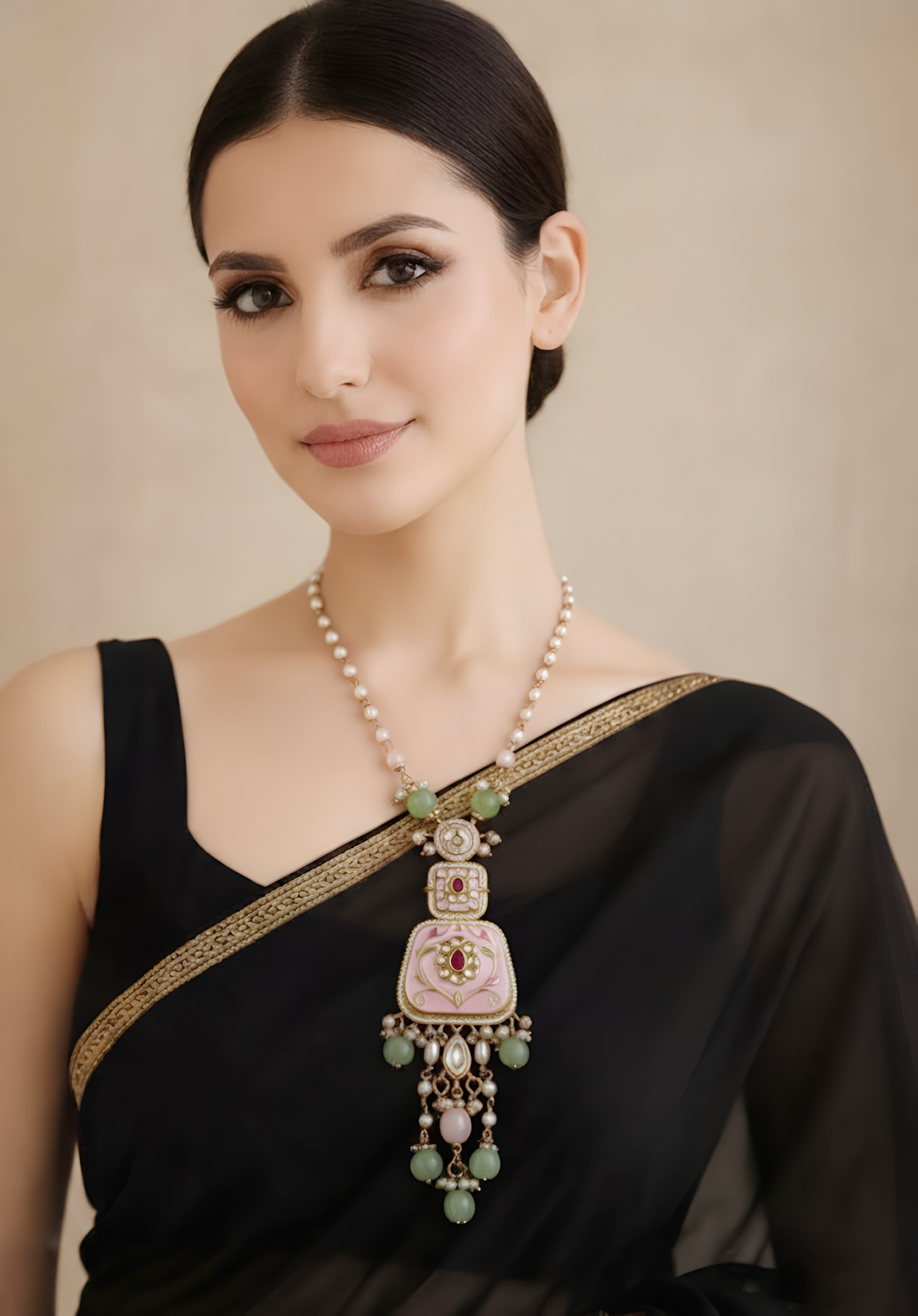 Pink Enamel work Pendant Necklace with Kundan  and Pearls.