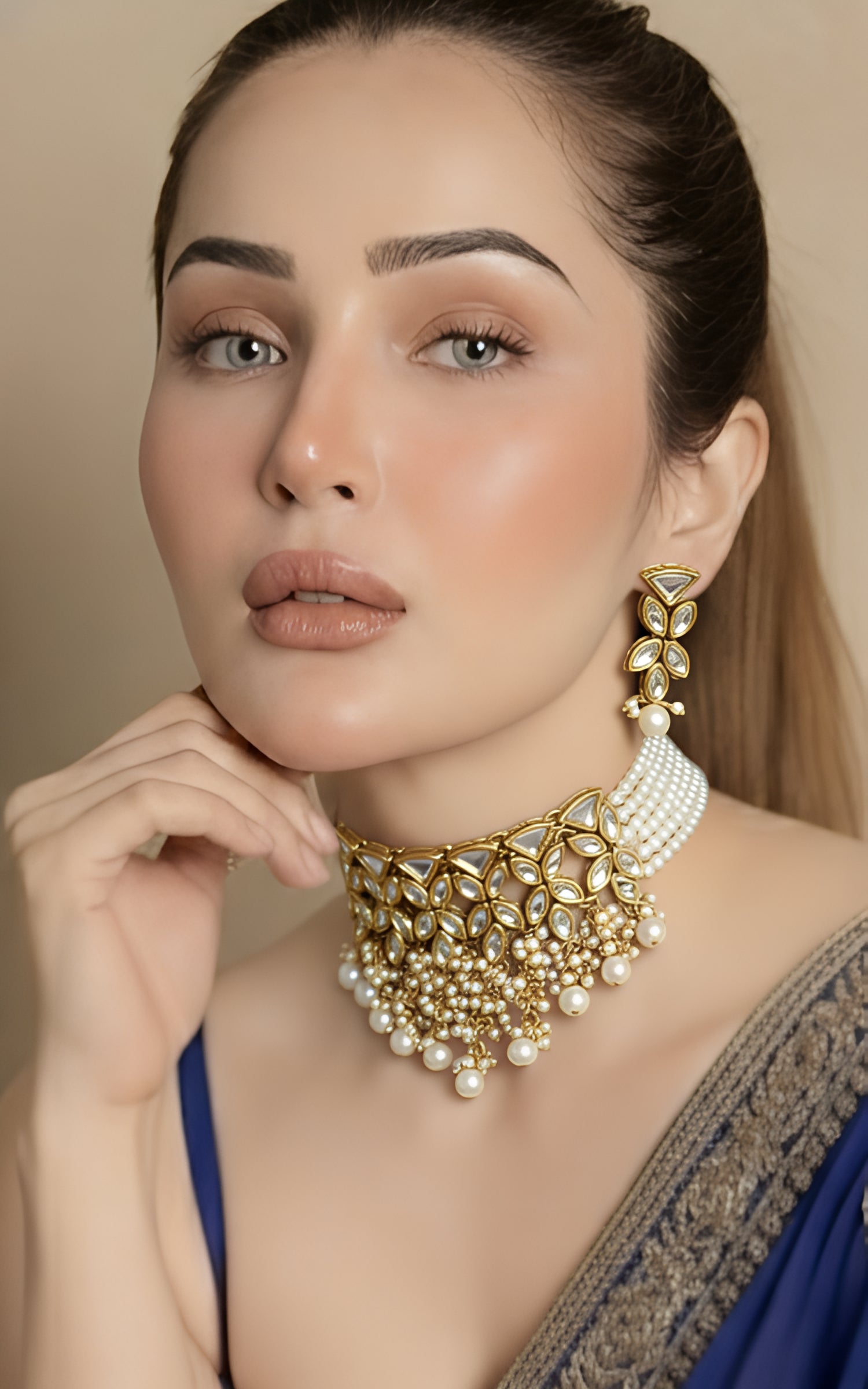 Gold Plated Pearl Studded Kundan Choker Necklace Set for Women