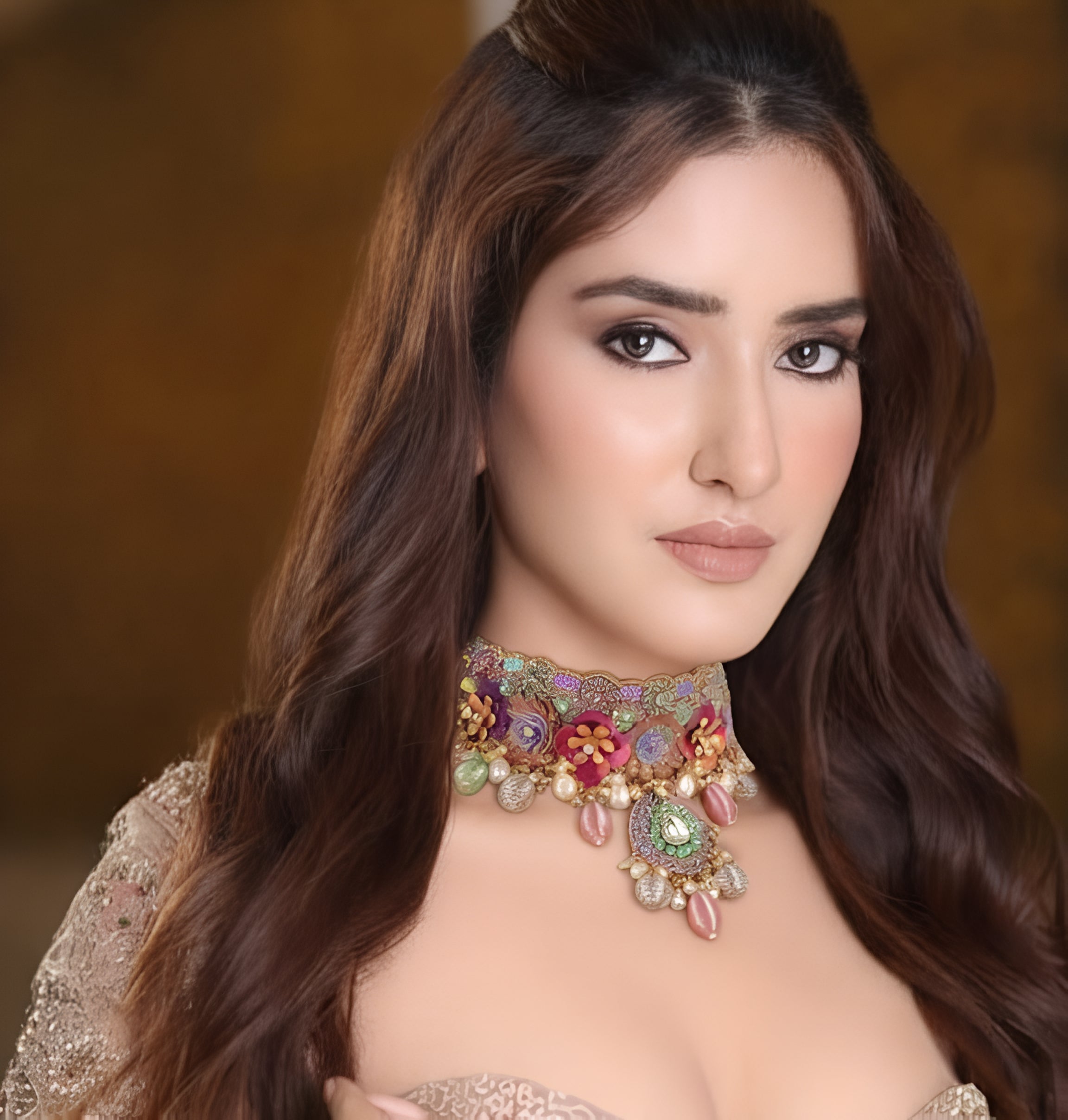 Hand Embroidered Choker Necklace with Floral Enamel Work,Pearls and Beads