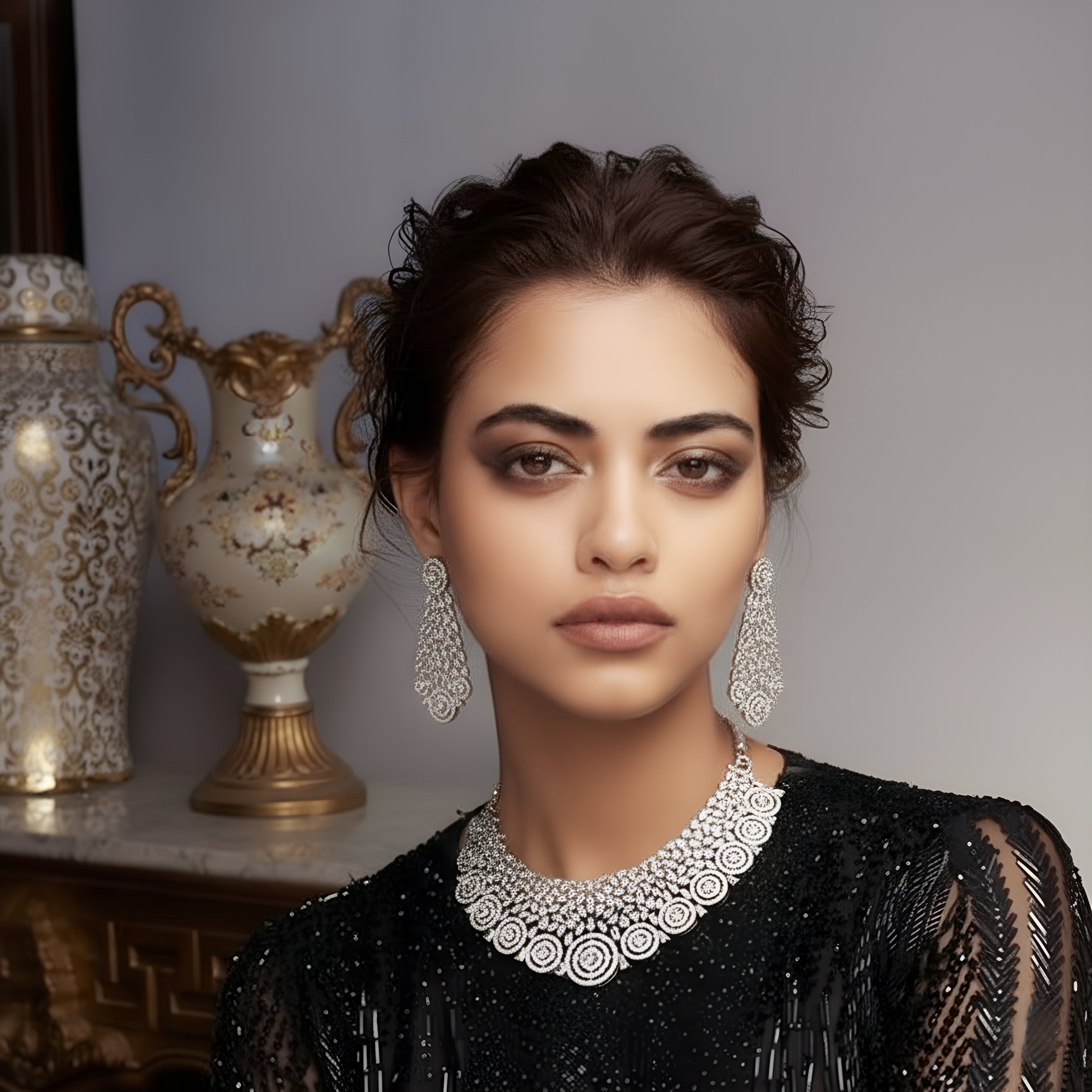 Jewelry Set: Rhodium-Plated Silver CZ Choker Necklace with Earrings
