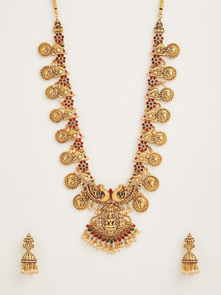 Ethnic Gold Plated Long  Temple Jewelry Set