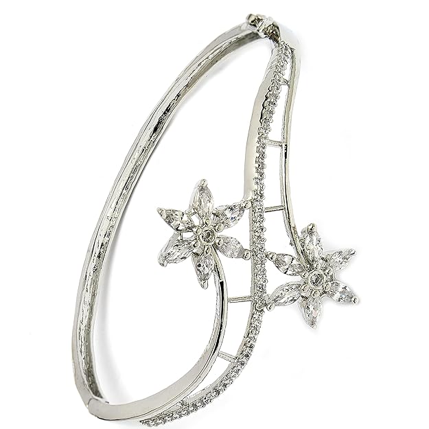 American Diamond Studded Contemporary Silver Plated Flower Crystal Bracelet