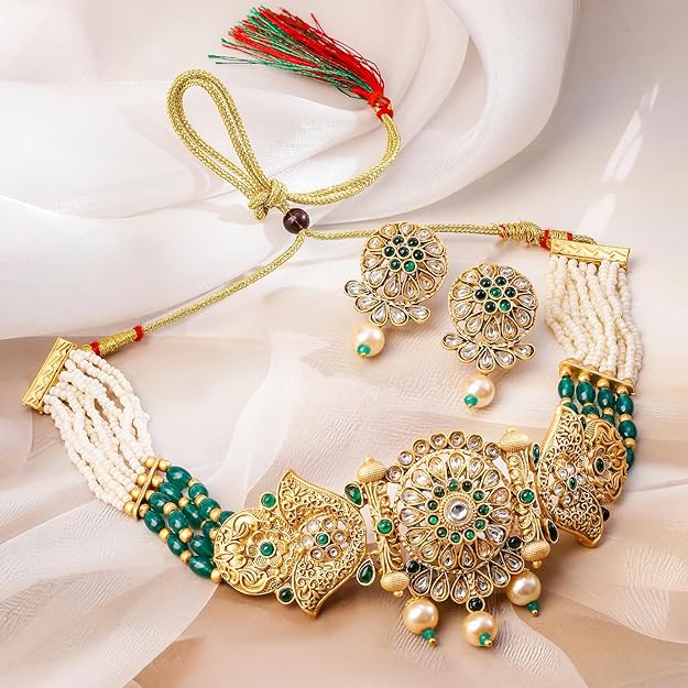 Pearl Studded, Gold Plated Indian Ethnic Choker Necklace Set