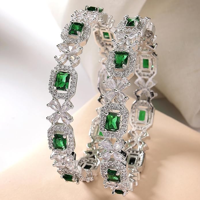 Rhodium-Plated Silver Toned American Diamond studded Bangle Set Of 2
