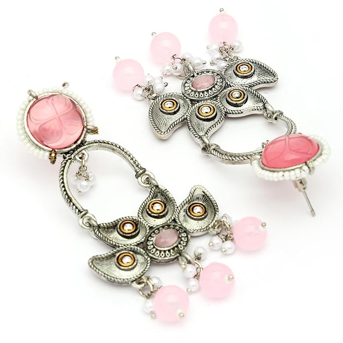 Oxidized Half Floral Shaped Cubic Zirconia Studded Pearl Beaded Boho Earrings