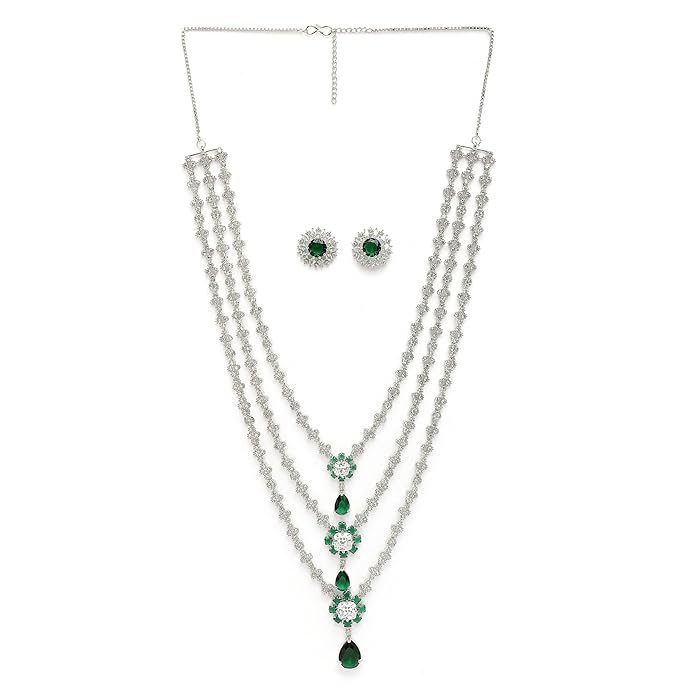 Rhodium Plated American Diamond Studded Multi Layered Necklace With Stud Earrings
