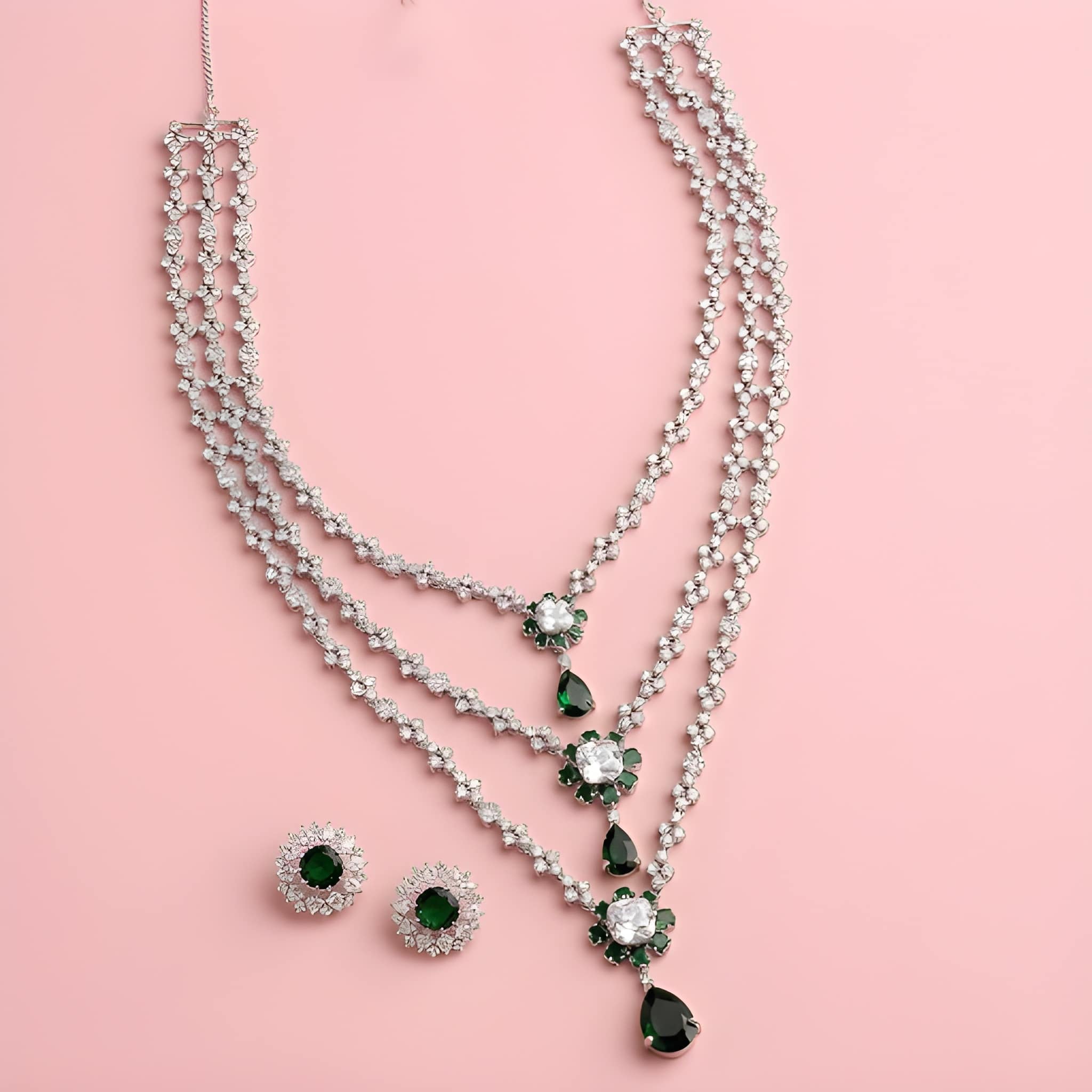 Rhodium Plated American Diamond Studded Multi Layered Necklace With Stud Earrings